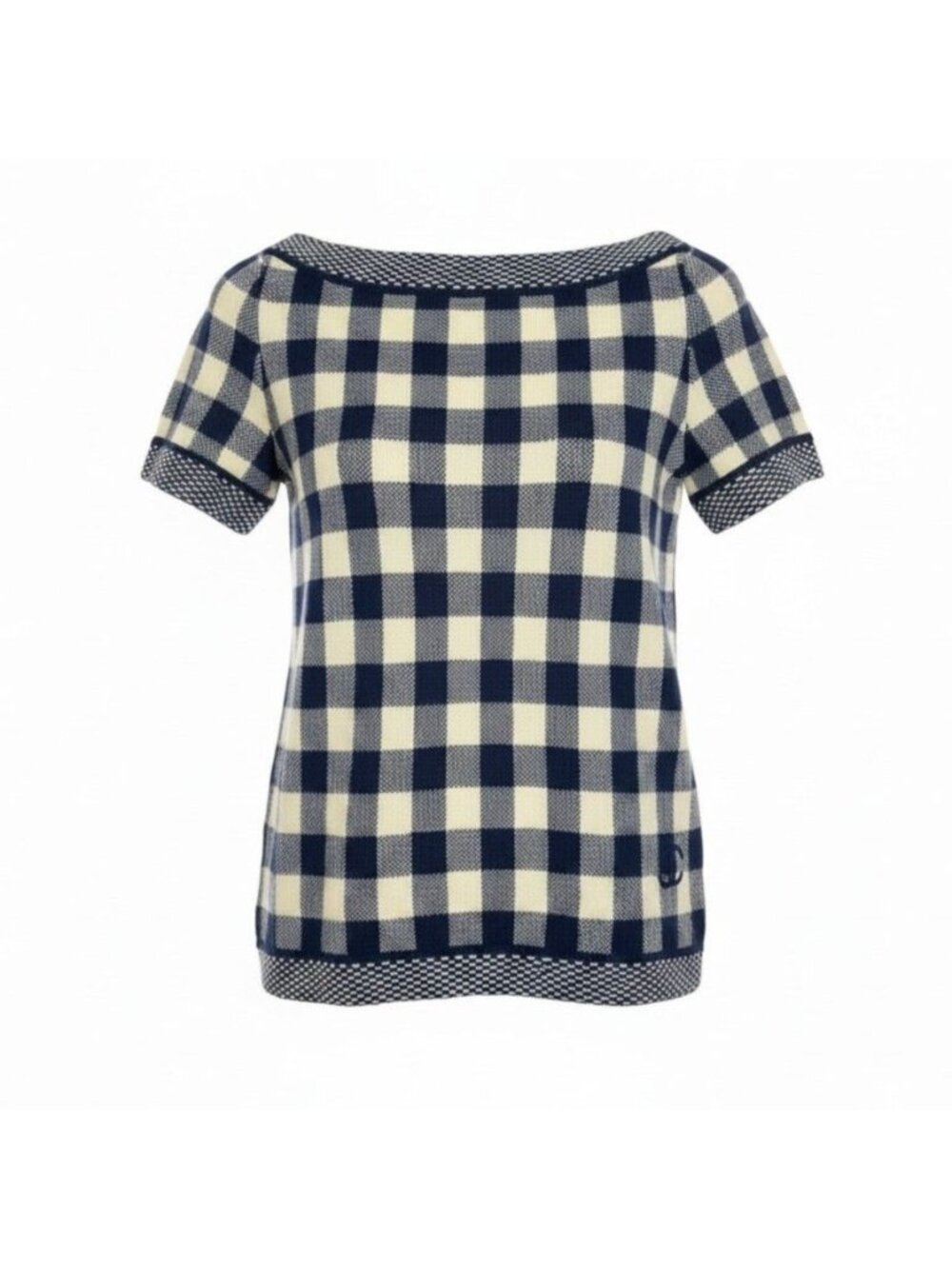 Chanel Cashmere Knit Sweater Short Sleeve CC Logo Embroidery Boat Neck Plaid